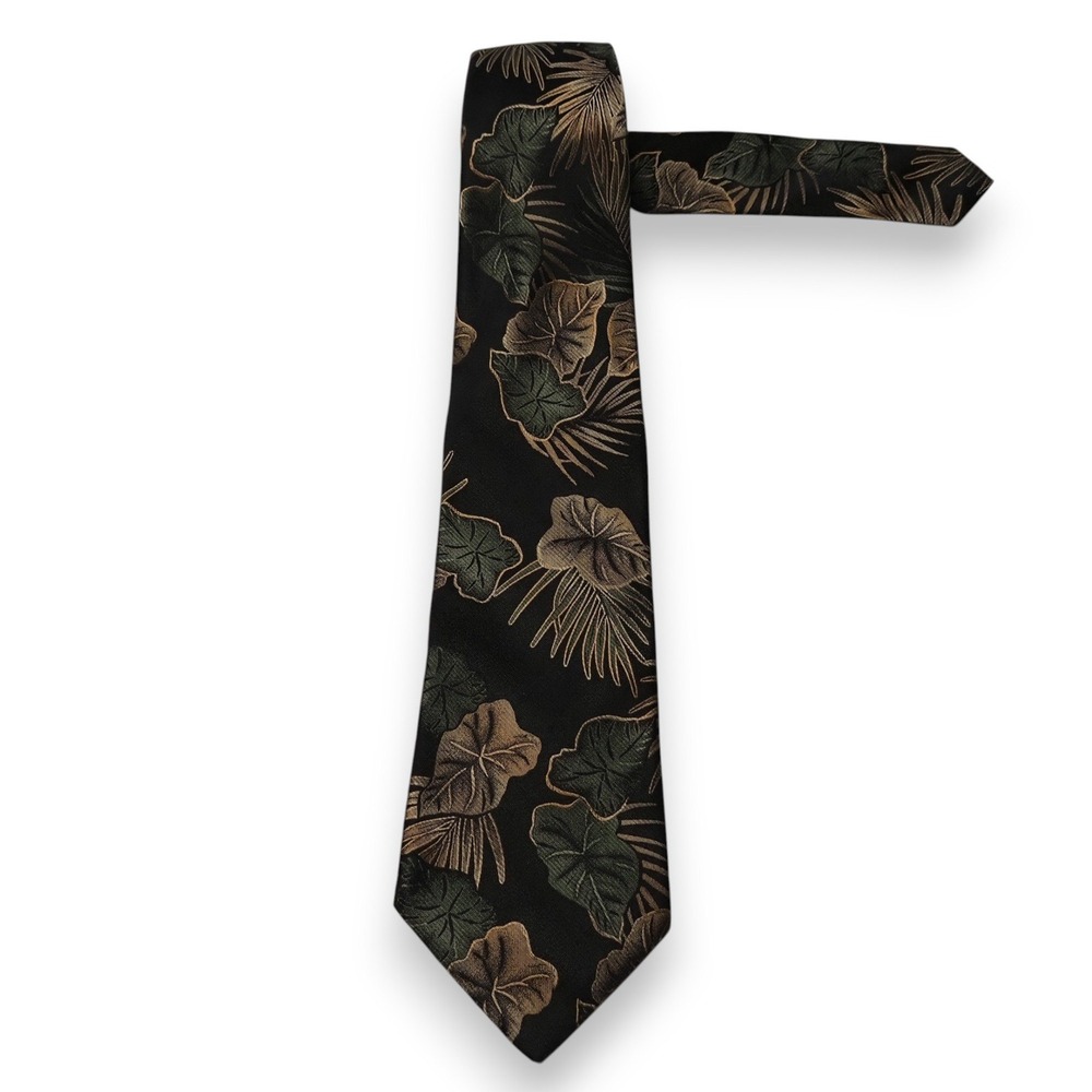 Tango Mens Silk‎ Tie Black Green Tropical Leaf Print Vintage Style Necktie